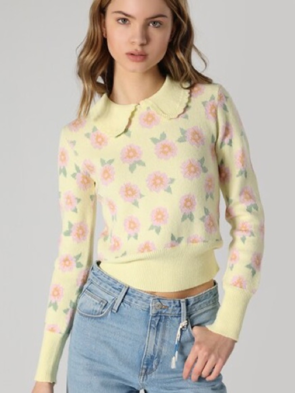 Zara Pastel Yellow Floral Sweater with Scalloped Collar